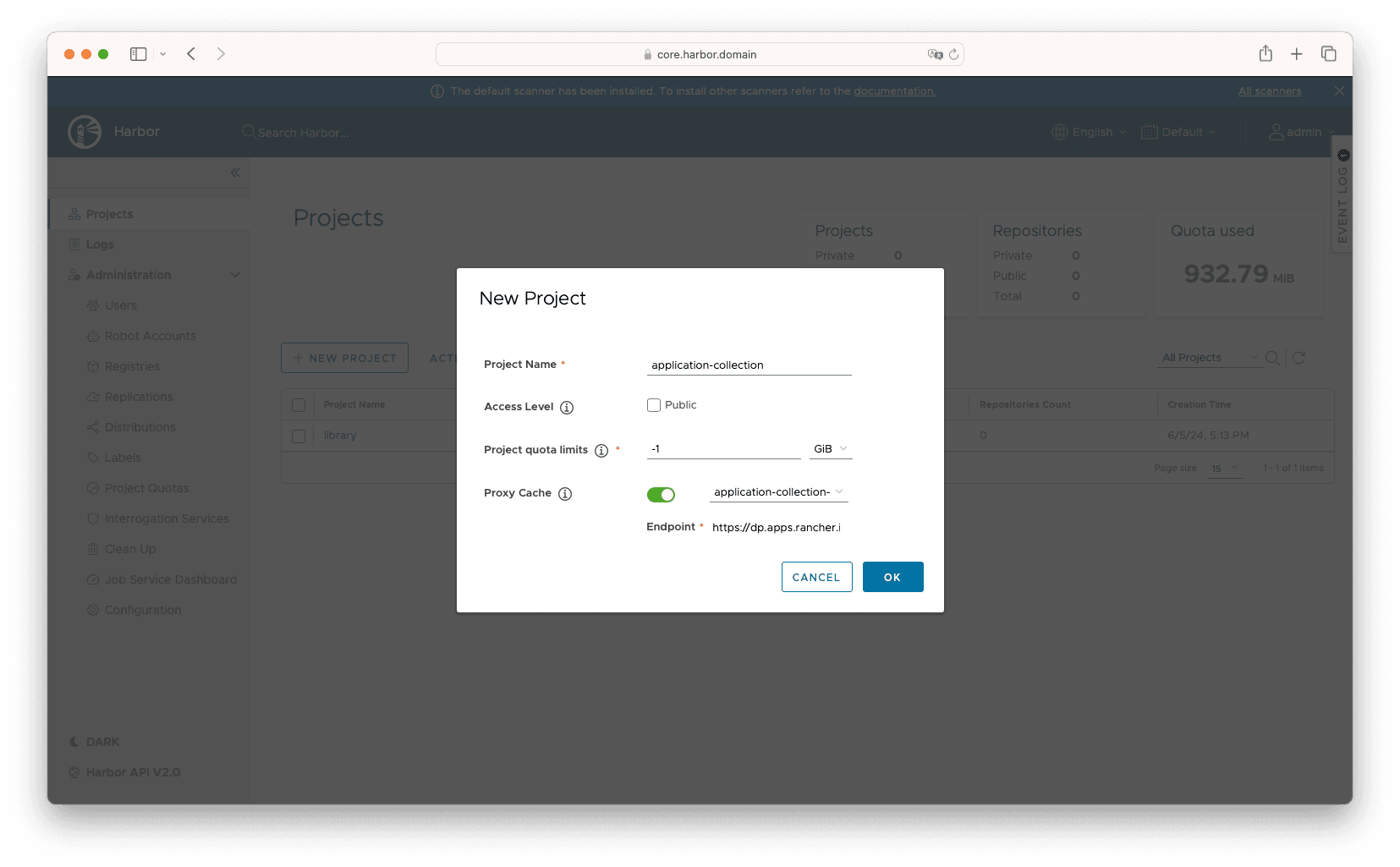 Create Harbor Proxy Cache project