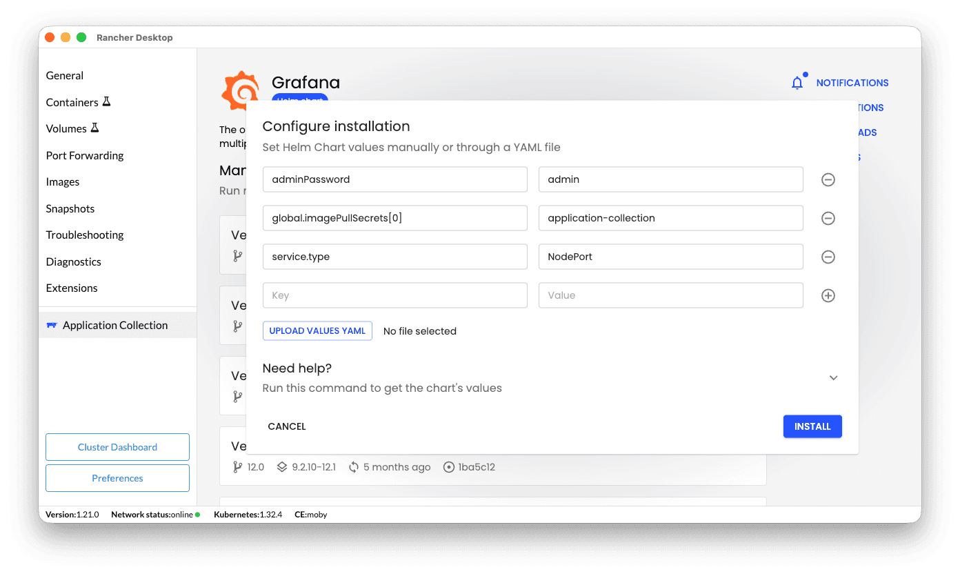 Grafana application values